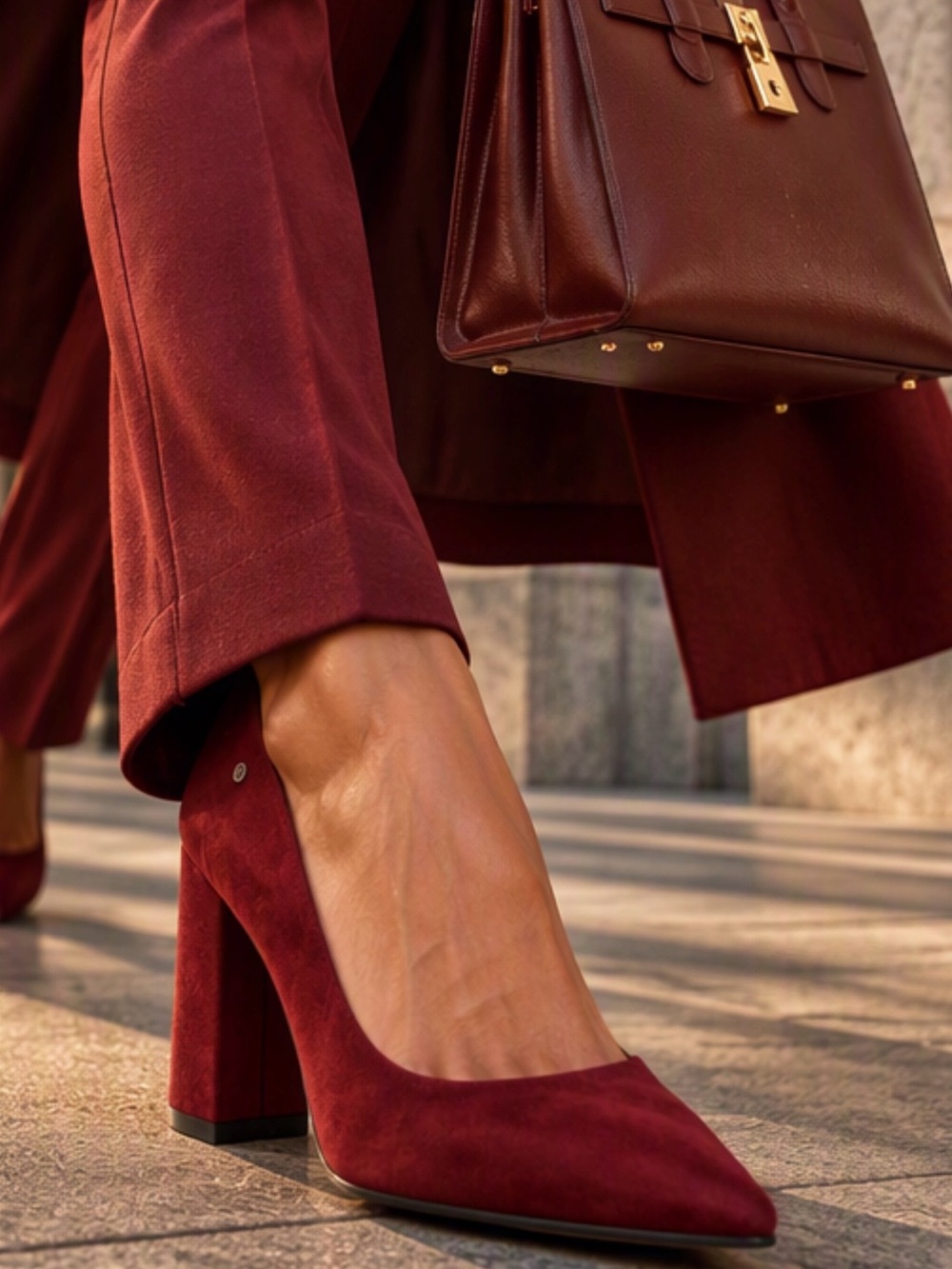 French Connection Kelsey Burgundy Faux Suede Block Heel Pumps Pointed Toe Court